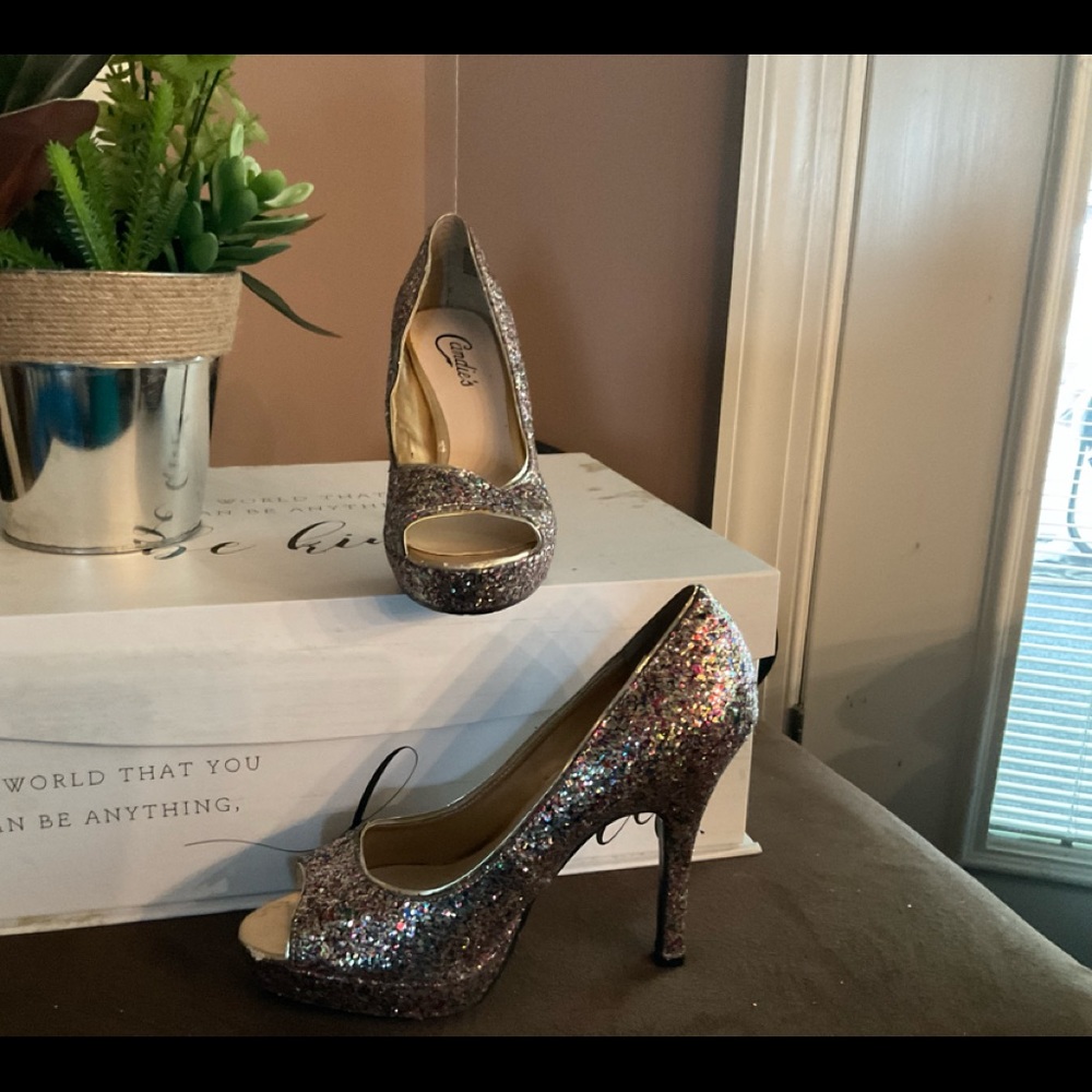 Candies Cayunnis Rainbow Glitter Multi Color Peep Open Toe Pump Shoe Sz …